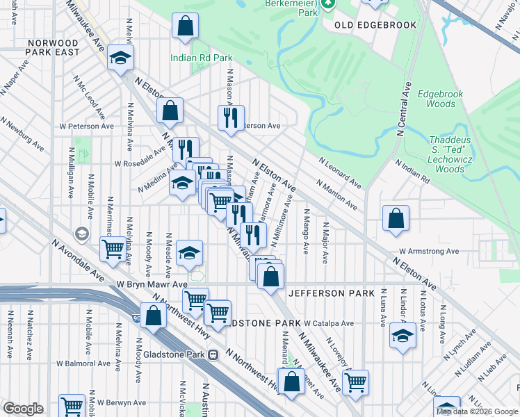 map of restaurants, bars, coffee shops, grocery stores, and more near 5805 North Markham Avenue in Chicago