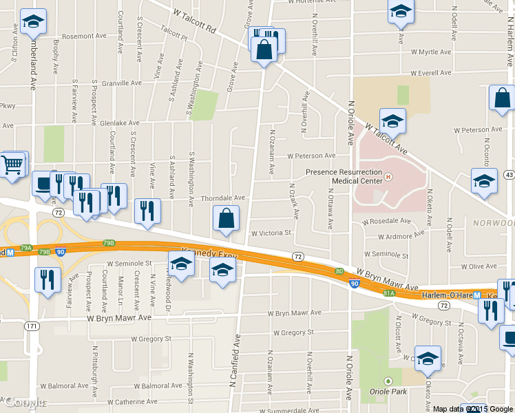 map of restaurants, bars, coffee shops, grocery stores, and more near 7801 West Thorndale Avenue in Chicago