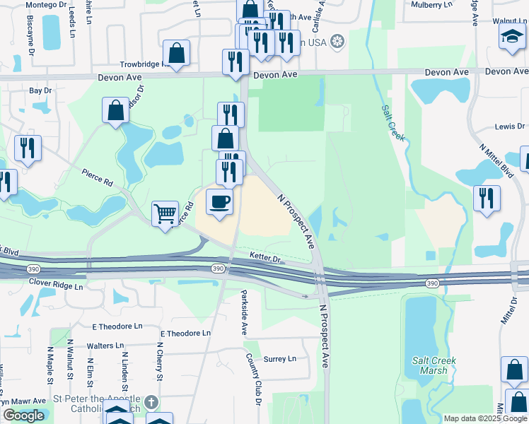 map of restaurants, bars, coffee shops, grocery stores, and more near 1133 North Arlington Heights Road in Itasca