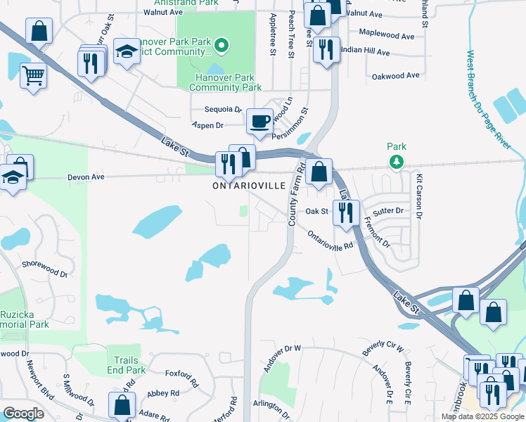 map of restaurants, bars, coffee shops, grocery stores, and more near 1800 Ontarioville Road in Hanover Park
