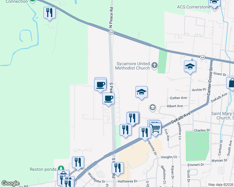map of restaurants, bars, coffee shops, grocery stores, and more near 412 South Peace Road in Sycamore