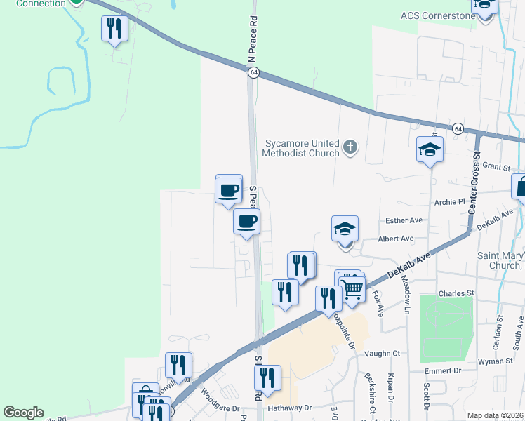 map of restaurants, bars, coffee shops, grocery stores, and more near 412 South Peace Road in Sycamore