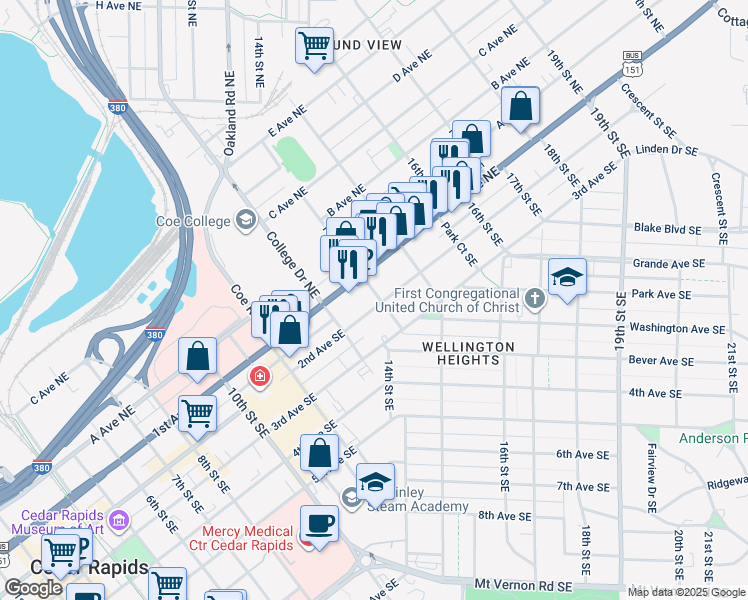 map of restaurants, bars, coffee shops, grocery stores, and more near 1400 2nd Avenue Southeast in Cedar Rapids