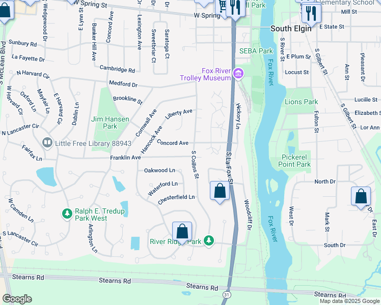 map of restaurants, bars, coffee shops, grocery stores, and more near 386 S Collins St in South Elgin