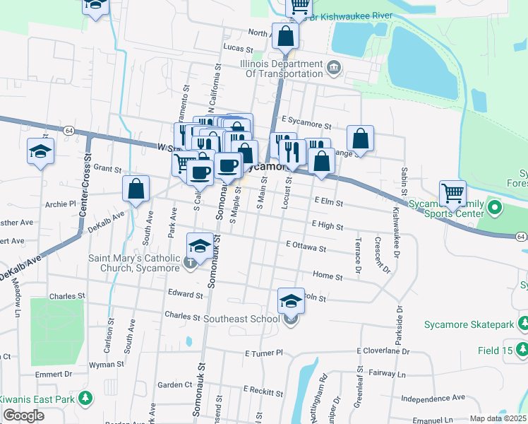 map of restaurants, bars, coffee shops, grocery stores, and more near 107 East High Street in Sycamore