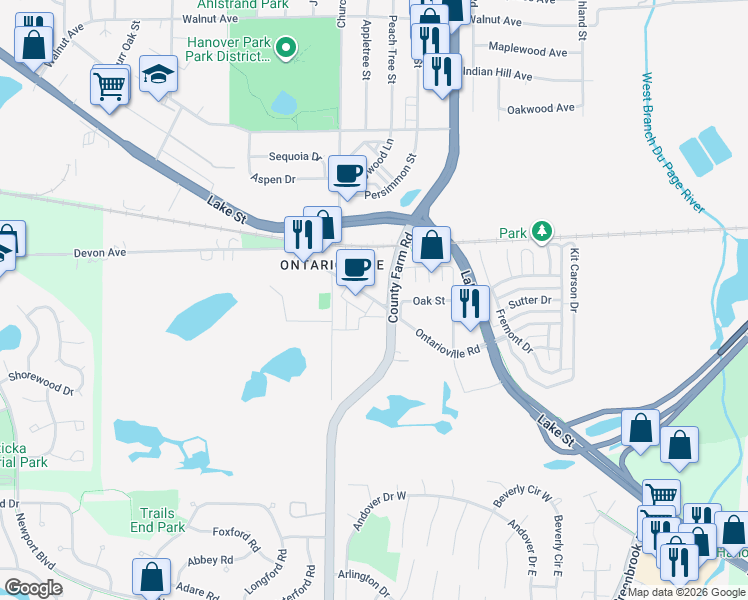 map of restaurants, bars, coffee shops, grocery stores, and more near 1725 Ontarioville Road in Hanover Park