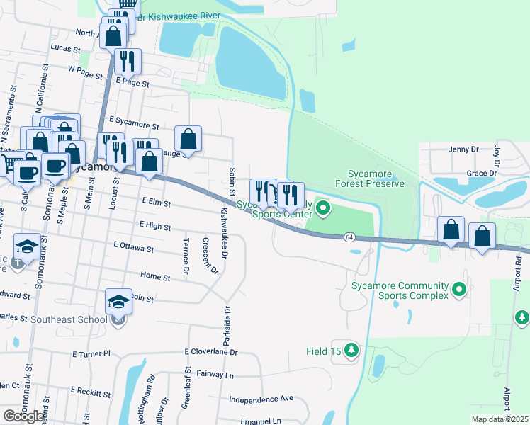map of restaurants, bars, coffee shops, grocery stores, and more near 605 East State Street in Sycamore