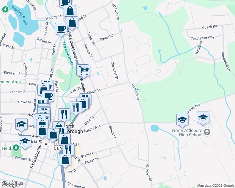 map of restaurants, bars, coffee shops, grocery stores, and more near 57 Columbia Street in North Attleborough
