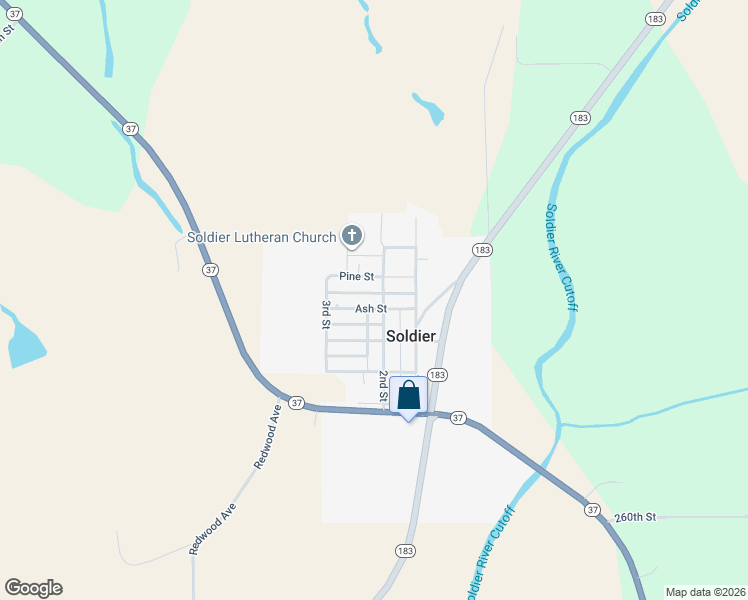 map of restaurants, bars, coffee shops, grocery stores, and more near 401-449 2nd Street in Soldier