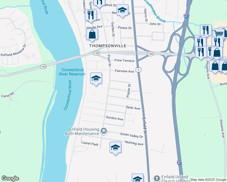 map of restaurants, bars, coffee shops, grocery stores, and more near 21 Hathaway Avenue in Enfield
