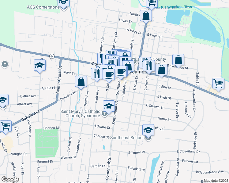 map of restaurants, bars, coffee shops, grocery stores, and more near 303 Somonauk Street in Sycamore