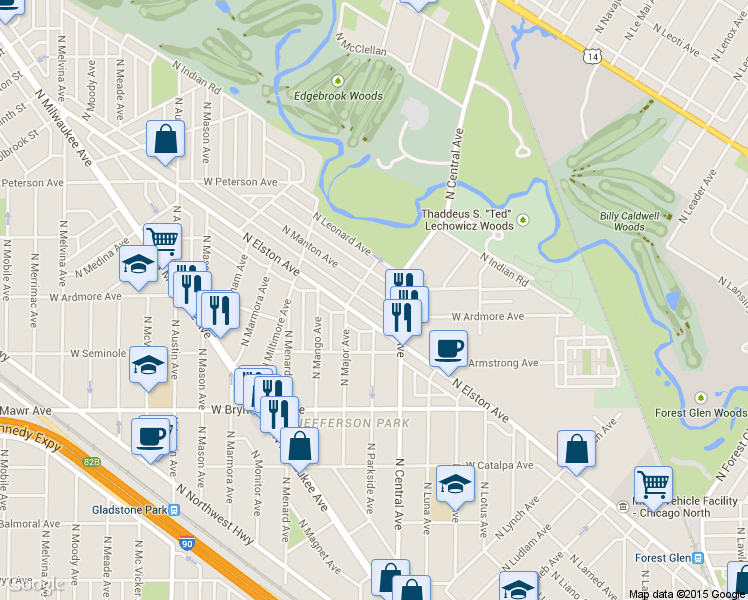 map of restaurants, bars, coffee shops, grocery stores, and more near 5732 North Manton Avenue in Chicago