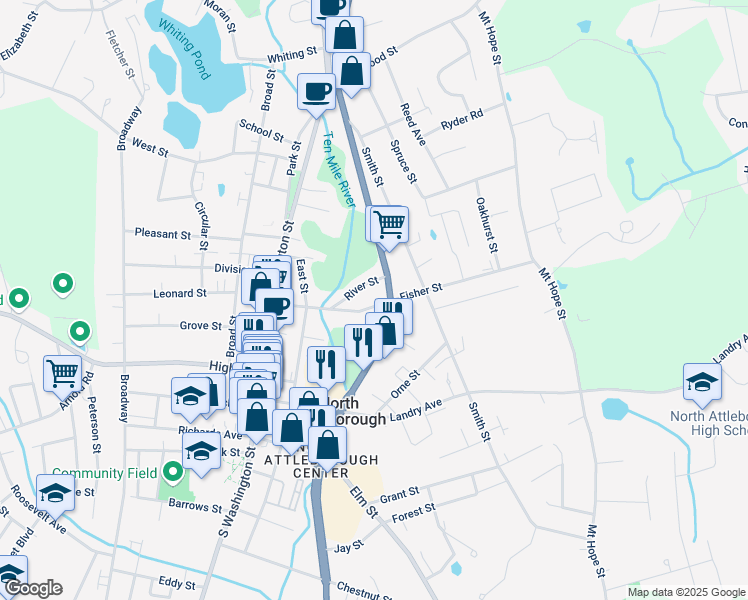 map of restaurants, bars, coffee shops, grocery stores, and more near 31 River Street in North Attleborough