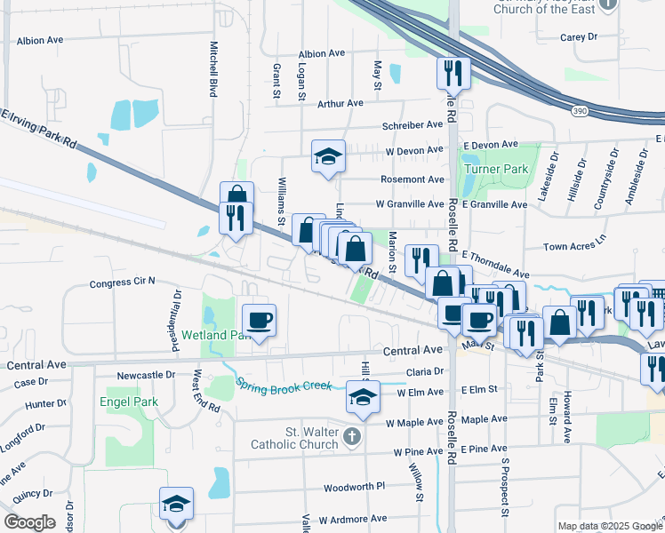 map of restaurants, bars, coffee shops, grocery stores, and more near 183 West Irving Park Road in Roselle