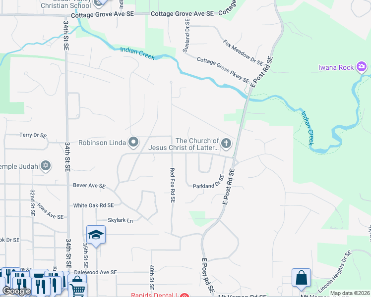 map of restaurants, bars, coffee shops, grocery stores, and more near 315 Andover Lane Southeast in Cedar Rapids
