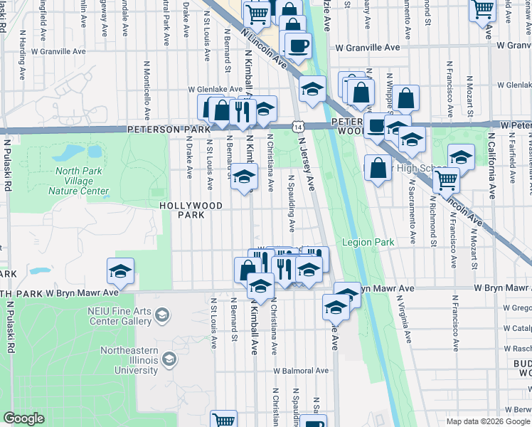 map of restaurants, bars, coffee shops, grocery stores, and more near 3325 West Ardmore Avenue in Chicago