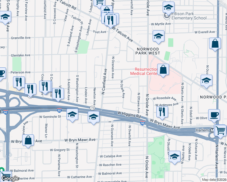 map of restaurants, bars, coffee shops, grocery stores, and more near 7801 West Thorndale Avenue in Chicago