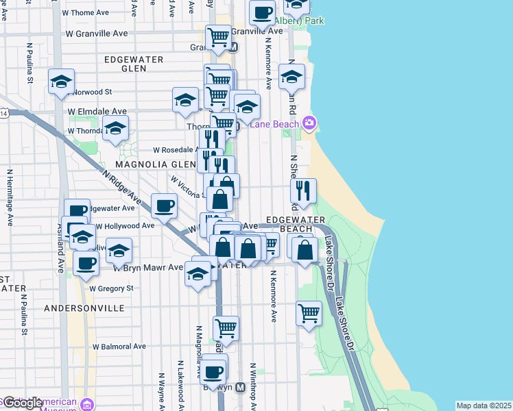 map of restaurants, bars, coffee shops, grocery stores, and more near 5731 North Winthrop Avenue in Chicago