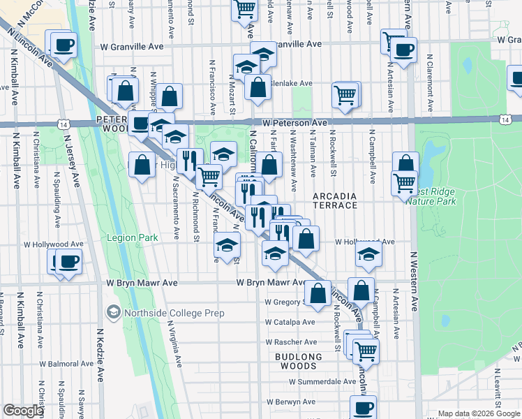 map of restaurants, bars, coffee shops, grocery stores, and more near 5755 North California Avenue in Chicago