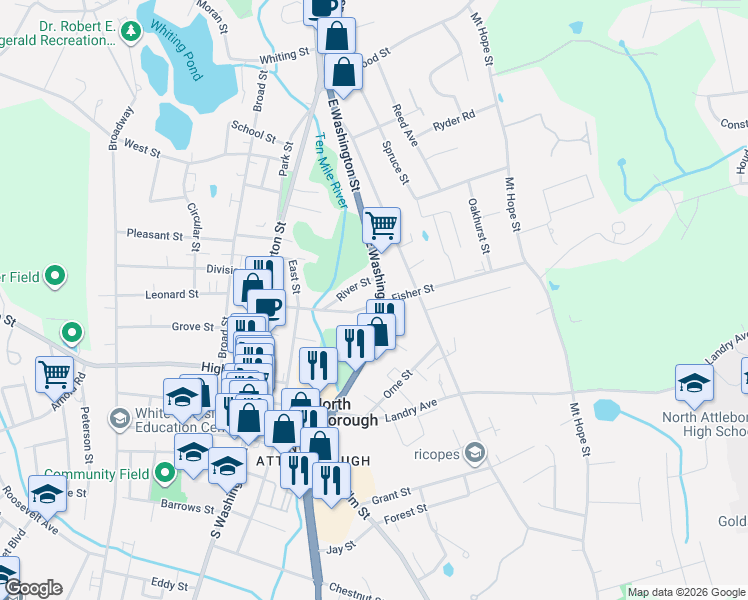 map of restaurants, bars, coffee shops, grocery stores, and more near 116 Fisher Street in North Attleborough