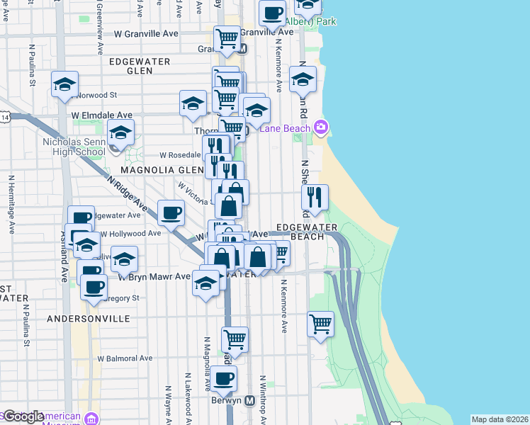 map of restaurants, bars, coffee shops, grocery stores, and more near 5731 North Winthrop Avenue in Chicago