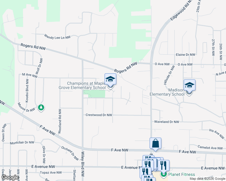 map of restaurants, bars, coffee shops, grocery stores, and more near 1300 38th Street Northwest in Cedar Rapids