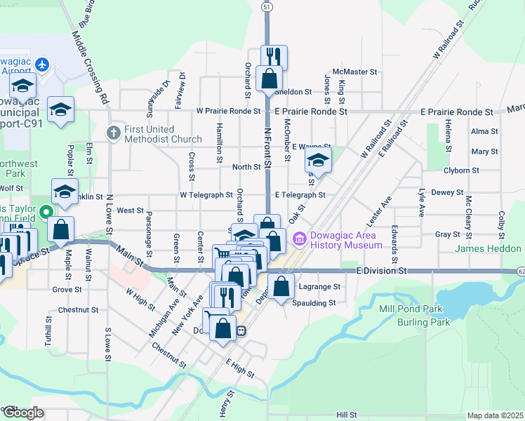 map of restaurants, bars, coffee shops, grocery stores, and more near 309 North Front Street in Dowagiac