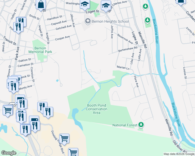 map of restaurants, bars, coffee shops, grocery stores, and more near 0 Hillview Street in Woonsocket
