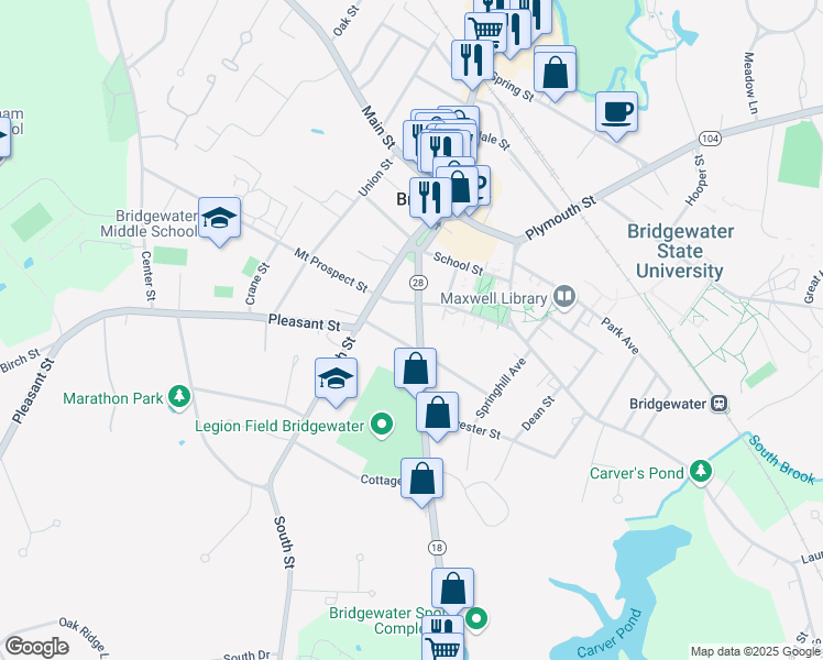 map of restaurants, bars, coffee shops, grocery stores, and more near 81 Bedford Street in Bridgewater
