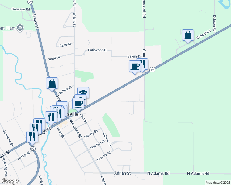 map of restaurants, bars, coffee shops, grocery stores, and more near 462 East Chicago Street in Jonesville