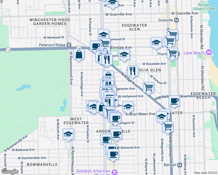 map of restaurants, bars, coffee shops, grocery stores, and more near 1540 W Edgewater Ave in Chicago