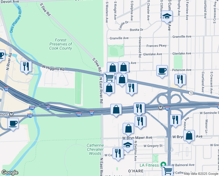 map of restaurants, bars, coffee shops, grocery stores, and more near 8755 West Higgins Road in Chicago