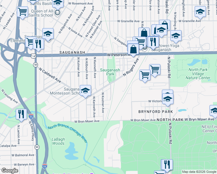 map of restaurants, bars, coffee shops, grocery stores, and more near 5808 North Rogers Avenue in Chicago