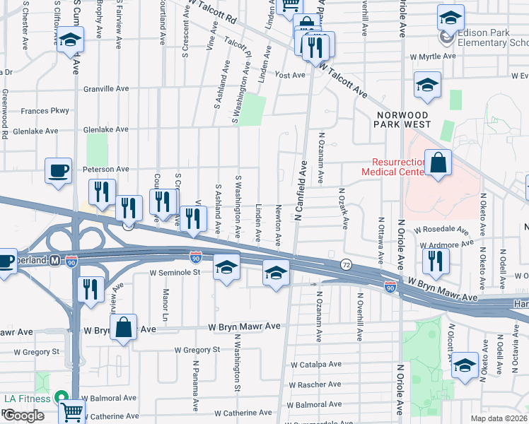 map of restaurants, bars, coffee shops, grocery stores, and more near 1925 Linden Avenue in Park Ridge