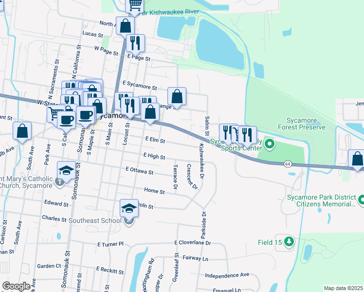 map of restaurants, bars, coffee shops, grocery stores, and more near 454 East Elm Street in Sycamore