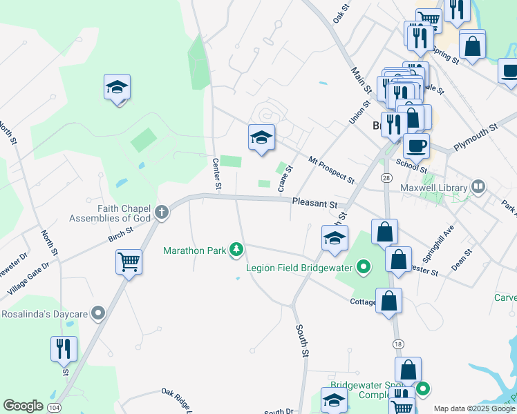 map of restaurants, bars, coffee shops, grocery stores, and more near 150 Pleasant Street in Bridgewater