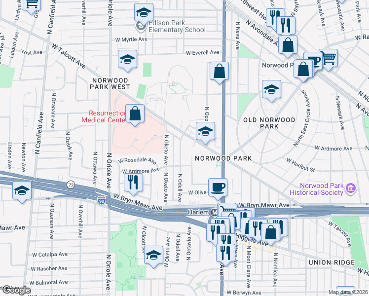 map of restaurants, bars, coffee shops, grocery stores, and more near 5837 North Odell Avenue in Chicago