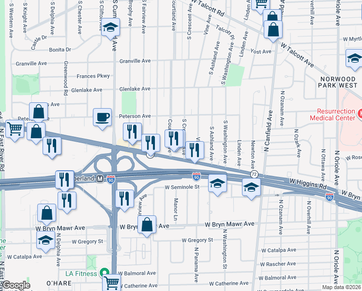 map of restaurants, bars, coffee shops, grocery stores, and more near 1920 South Crescent Avenue in Park Ridge