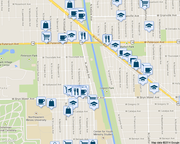 map of restaurants, bars, coffee shops, grocery stores, and more near 5751 N Jersey Ave in Chicago