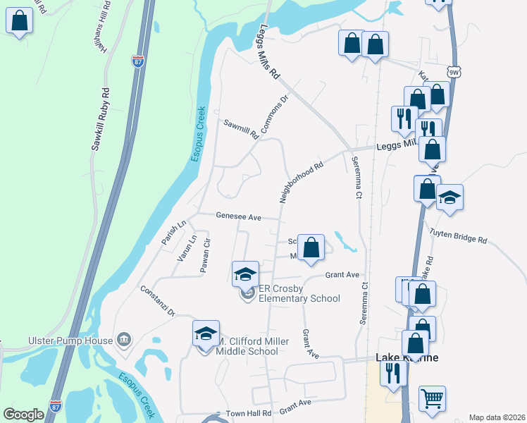 map of restaurants, bars, coffee shops, grocery stores, and more near 12 Genesee Ave in Lake Katrine