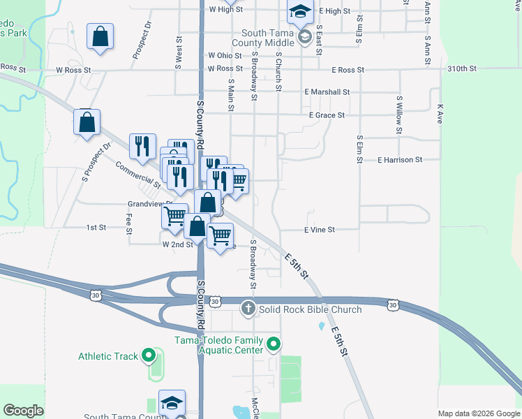 map of restaurants, bars, coffee shops, grocery stores, and more near 104 U.S. 30 in Toledo