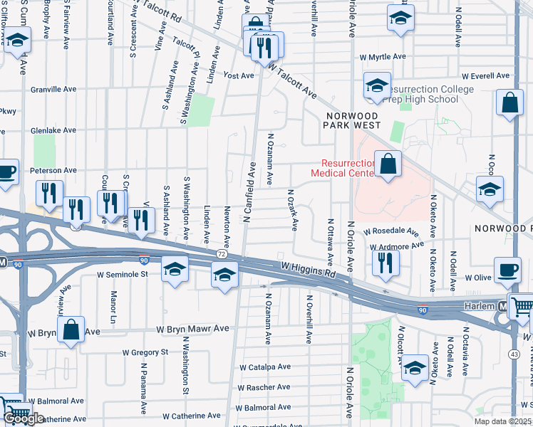 map of restaurants, bars, coffee shops, grocery stores, and more near 7801 West Thorndale Avenue in Chicago