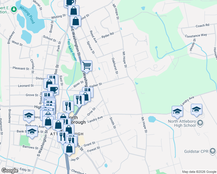 map of restaurants, bars, coffee shops, grocery stores, and more near 32 Columbia Street in North Attleborough