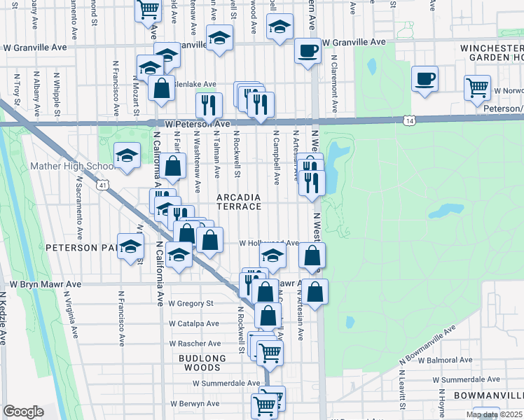 map of restaurants, bars, coffee shops, grocery stores, and more near 5753 North Maplewood Avenue in Chicago