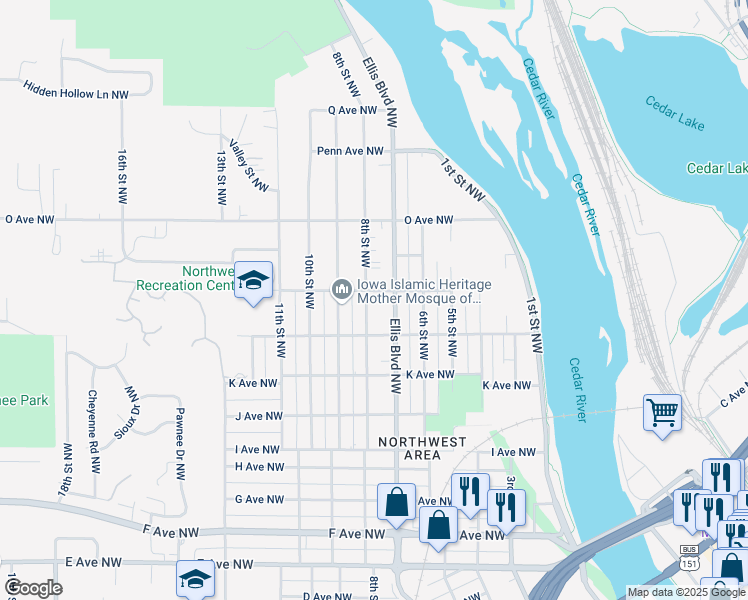 map of restaurants, bars, coffee shops, grocery stores, and more near 1339 8th St NW in Cedar Rapids