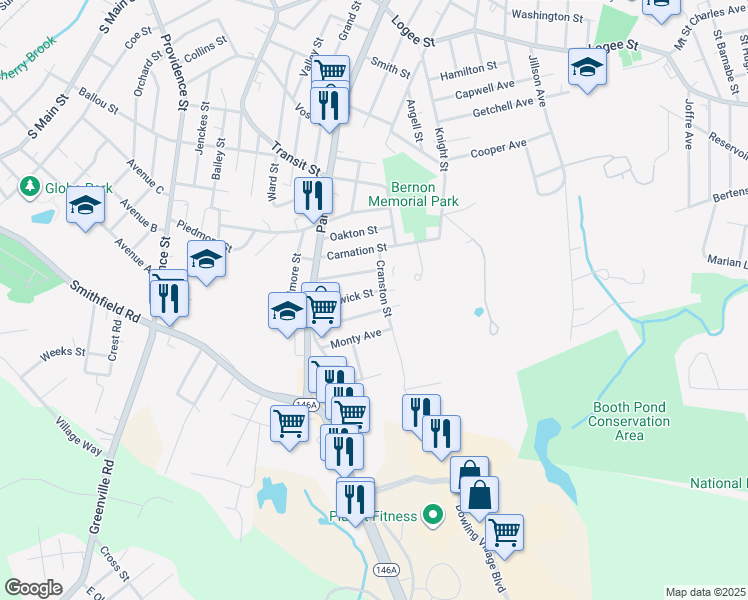 map of restaurants, bars, coffee shops, grocery stores, and more near 161 Warwick Street in Woonsocket