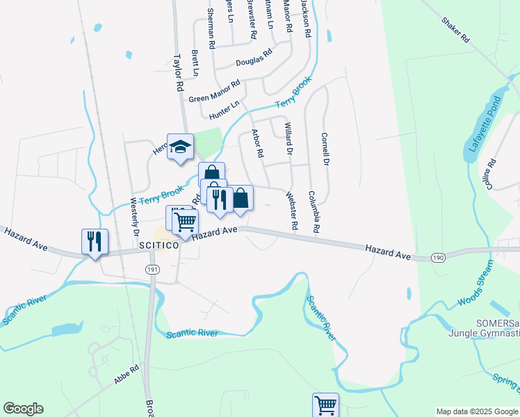 map of restaurants, bars, coffee shops, grocery stores, and more near 601 Hazard Avenue in Enfield