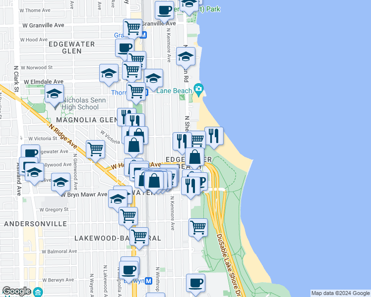 map of restaurants, bars, coffee shops, grocery stores, and more near 5740 North Sheridan Road in Chicago