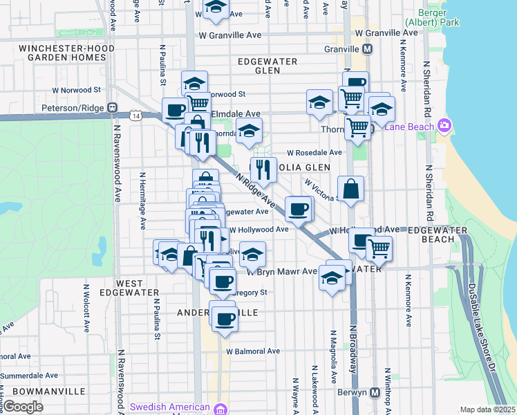 map of restaurants, bars, coffee shops, grocery stores, and more near 1422 West Edgewater Avenue in Chicago