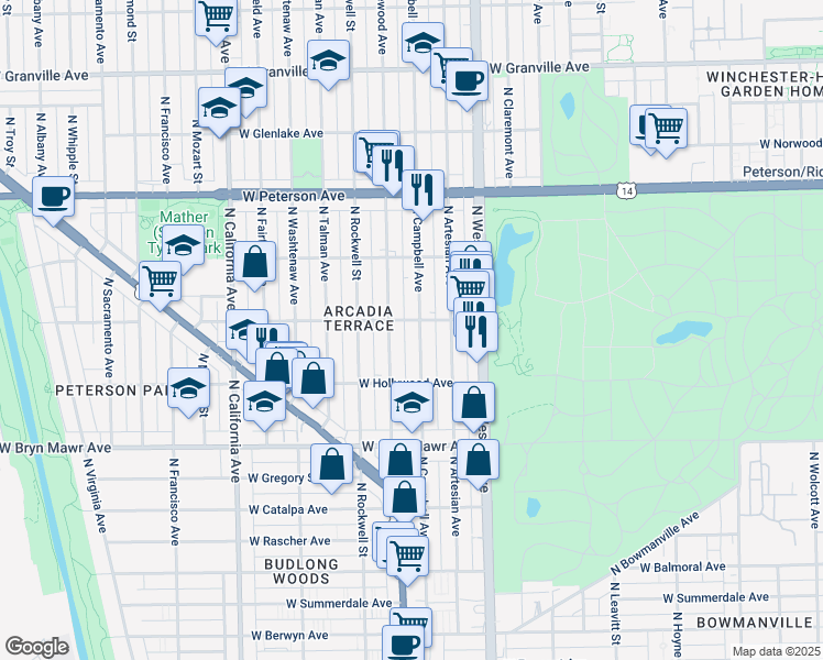 map of restaurants, bars, coffee shops, grocery stores, and more near 5753 North Maplewood Avenue in Chicago